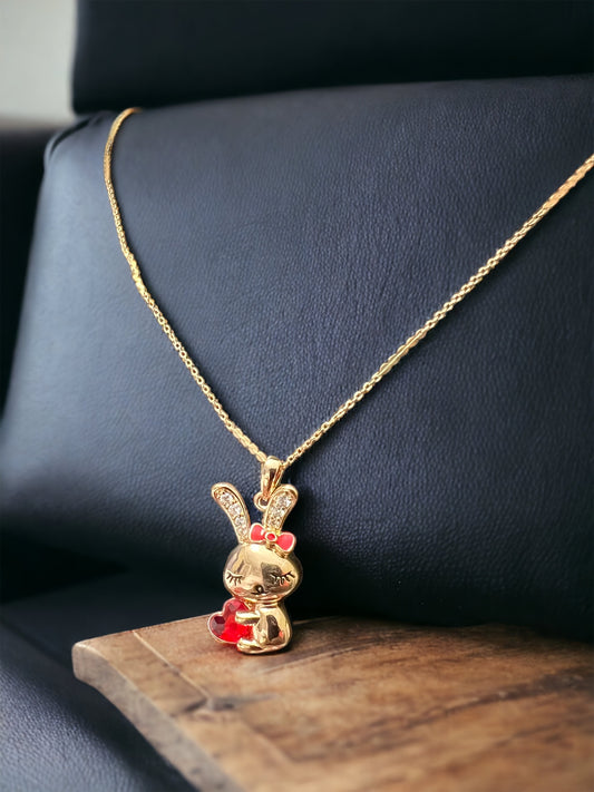 18K Gold-Plated Necklace, Gold Bunny, Red Heart Crystal, Environmental Friendly Copper, Hypoallergenic, Nickel-Free, Playful Elegance, Unique Jewelry.