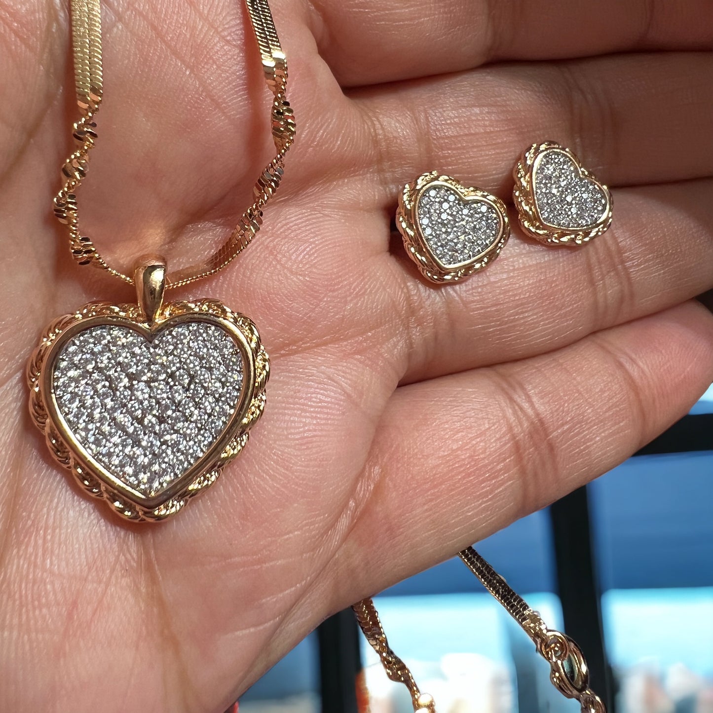 Diamond Heart-Shaped Studs and Necklace Sets - Gold-Plated Elegance for a Timeless Love Affair