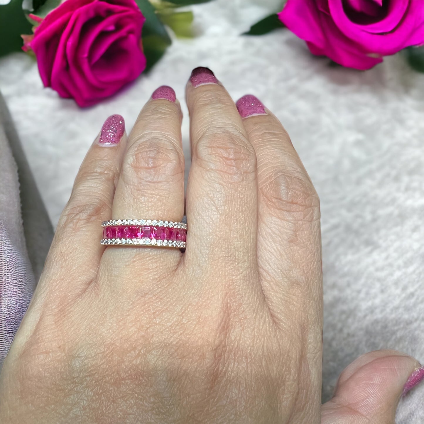 Ruby Pink And White  Band Gold Plated Ring