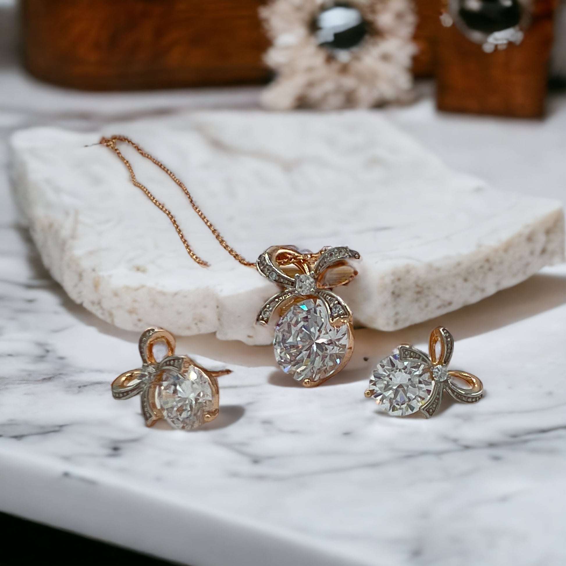 18K Gold-Plated Set, Radiant Elegance, Necklace and Stud Earrings, 5A Cubic Zircons, Timeless Sophistication, Hypoallergenic, Nickel-Free, Coordinated Ensemble.