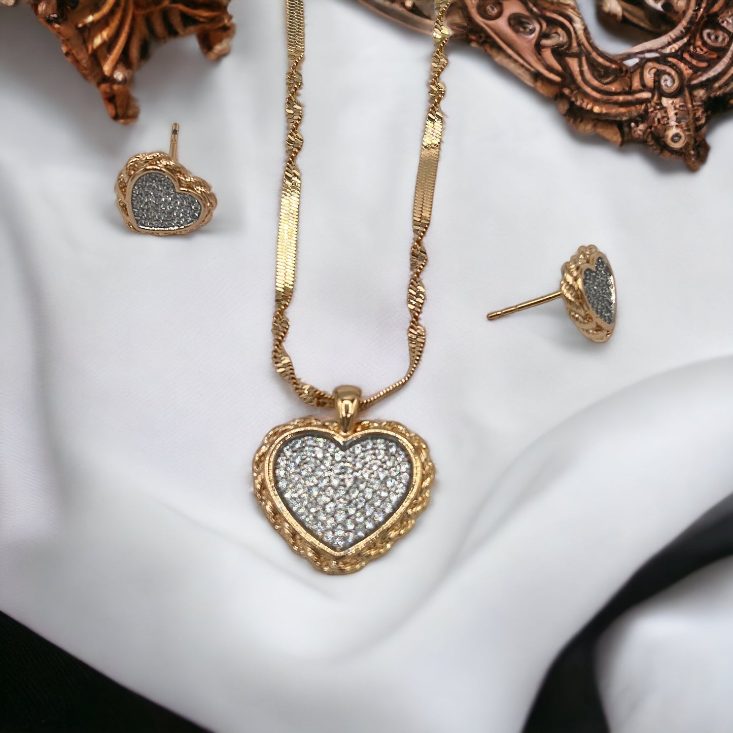 Diamond Heart-Shaped Studs and Necklace Sets - Gold-Plated Elegance for a Timeless Love Affair