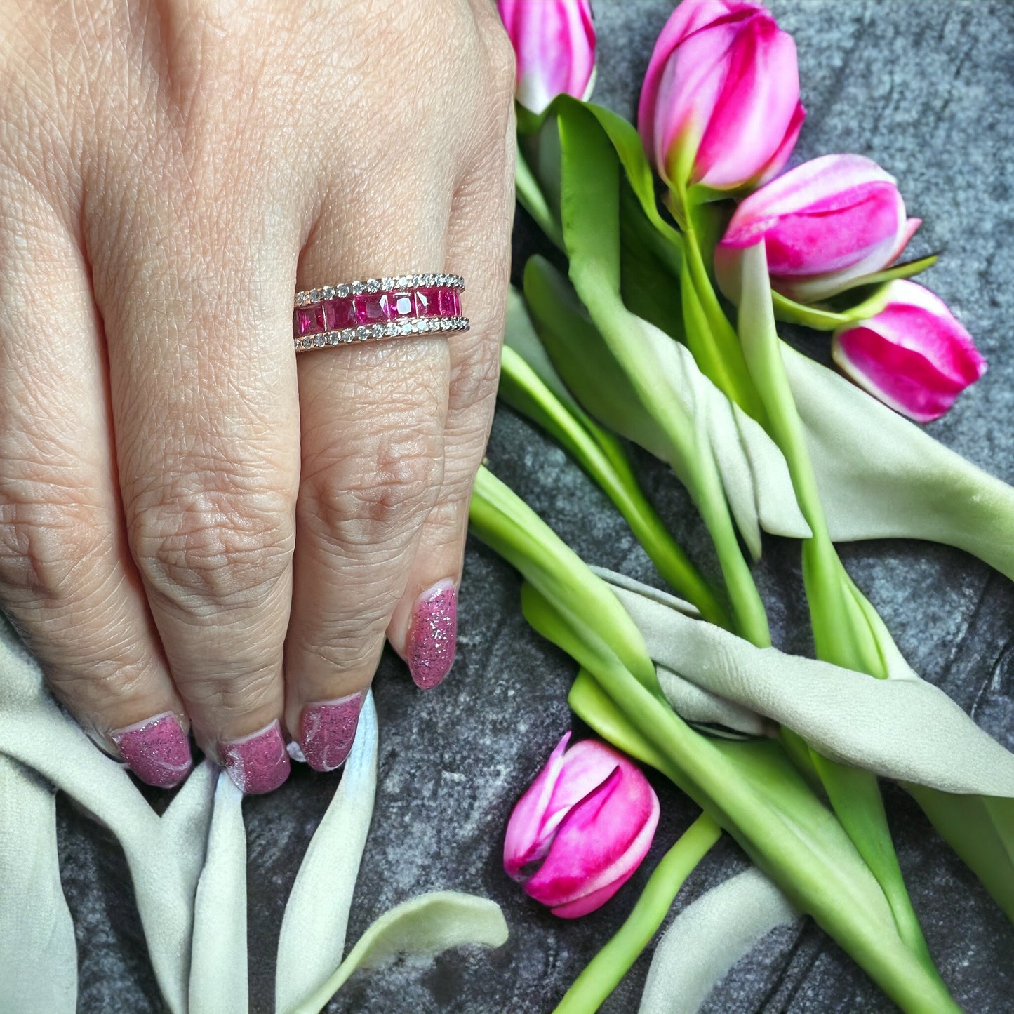 Ruby Pink And White  Band Gold Plated Ring