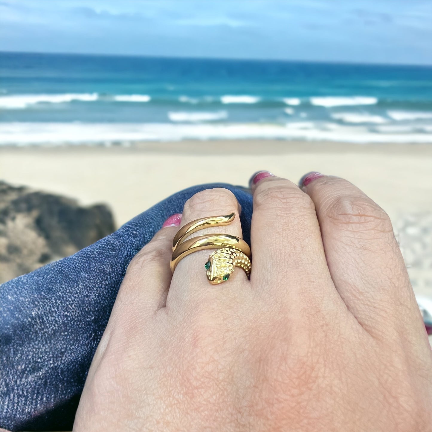 Serpentine Allure: Gold Snake Ring for Women with Captivating Green Eyes - Elevate Your Style with this Daring and Fashionable Statement Piece