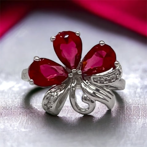 Pink Rubies And Silver Flower Silver Ring