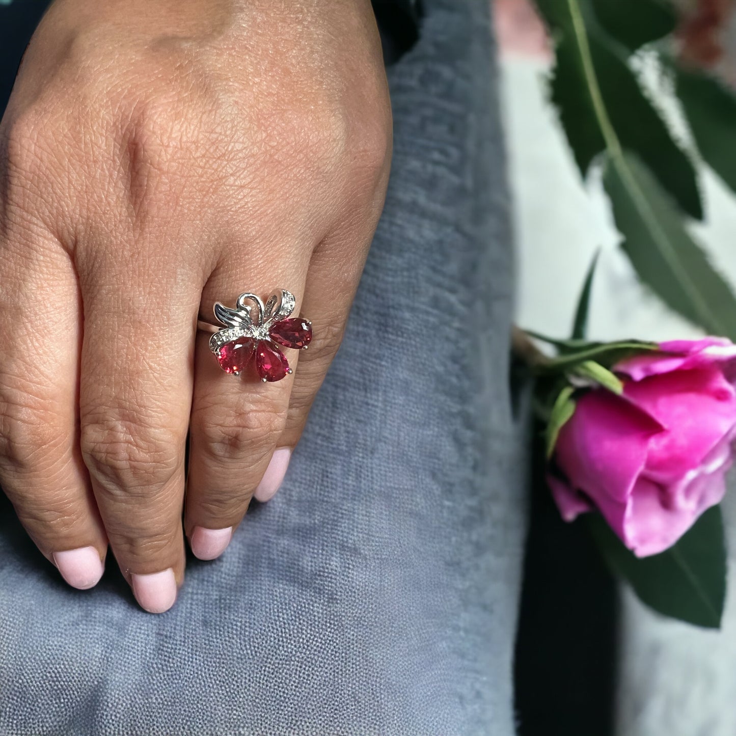 Pink Rubies And Silver Flower Silver Ring