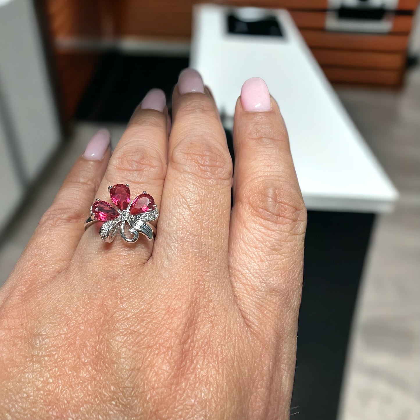 Pink Rubies And Silver Flower Silver Ring