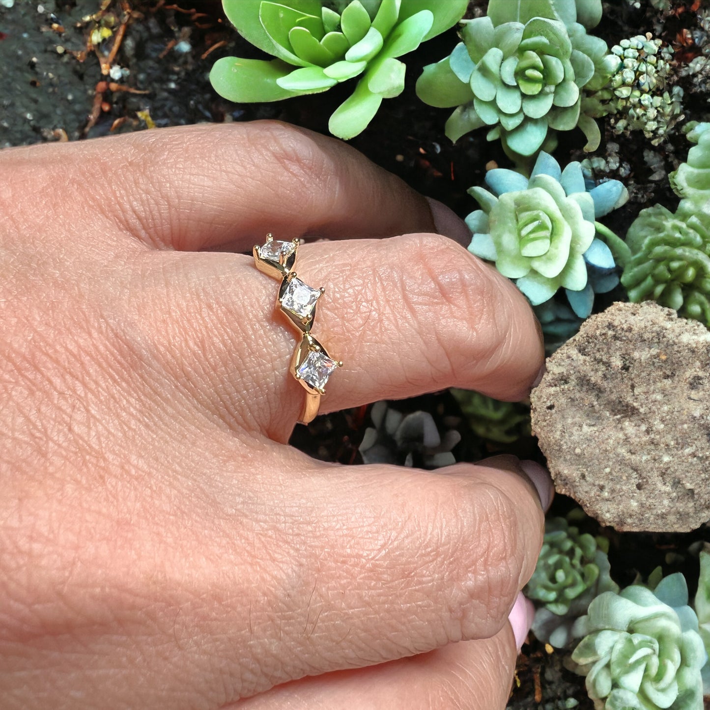 Minimalist Charm: 3 White Square Stones on the Band 14k Ring