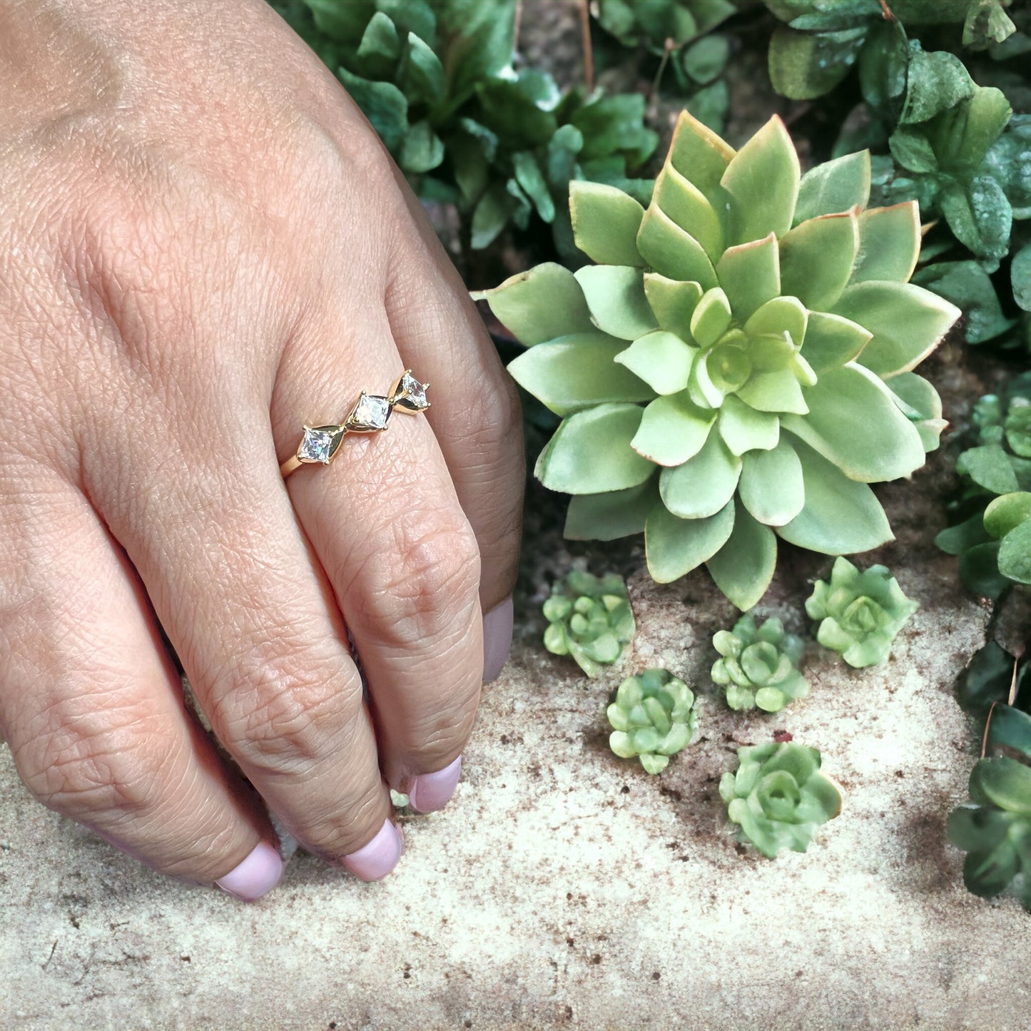 Minimalist Charm: 3 White Square Stones on the Band 14k Ring