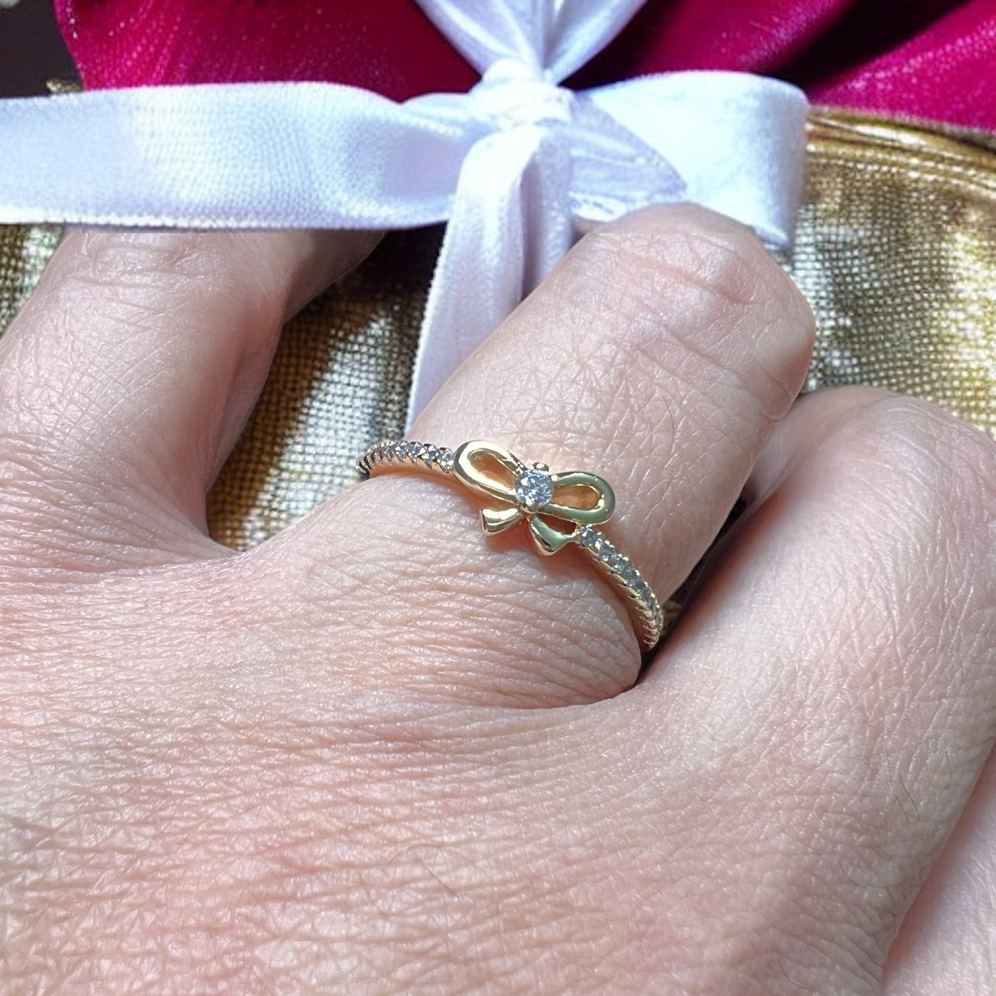 Chic Elegance: 14K Gold Half Eternity Band with Tiny Bow on the Top – A Delicate Symbol of Timeless Romance