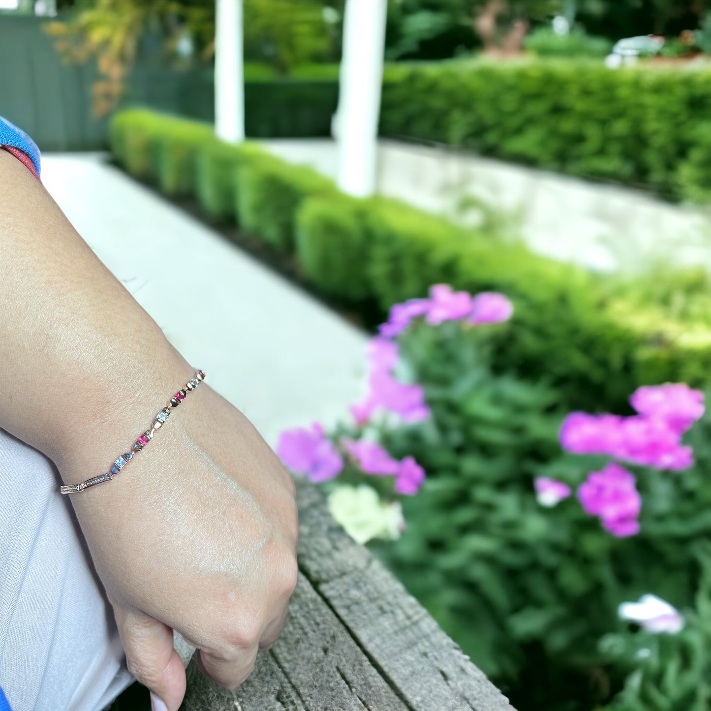 Radiant Ruby Red and White Square Stones Handcrafted Bracelets in Rose Gold