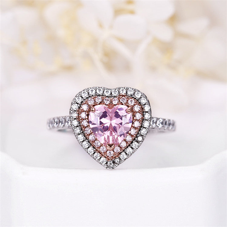 Pink Heart Shape Zircon White Gold Plated Ring For Women