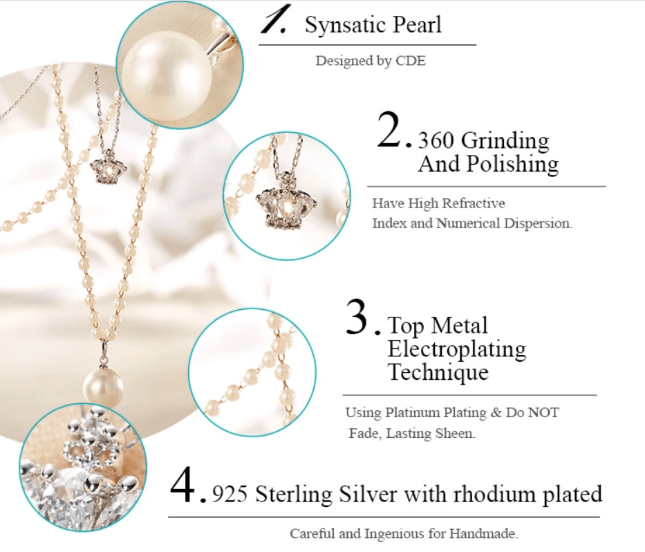 Pearl Long Two Layer Necklace With  Hand Made Zircons Crown Pendant