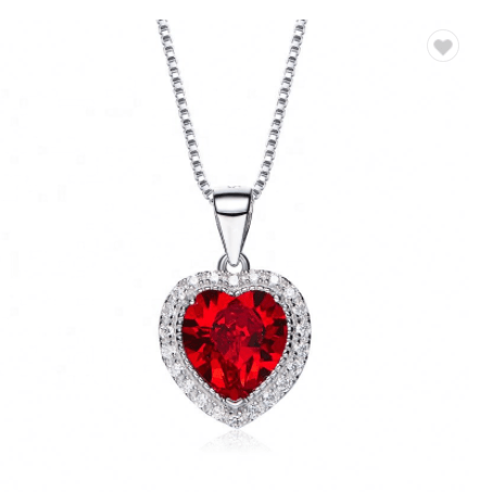 Heart Shaped Crystal  925 Silver Necklaces With Main Red Or Purple Crystal