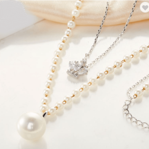 Pearl Long Two Layer Necklace With  Hand Made Zircons Crown Pendant