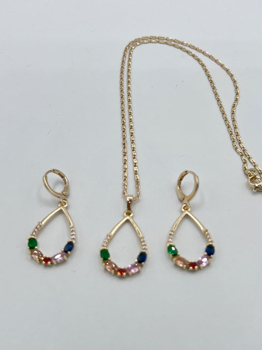 Gold Multicoloured Drop Earrings And Necklace Set
