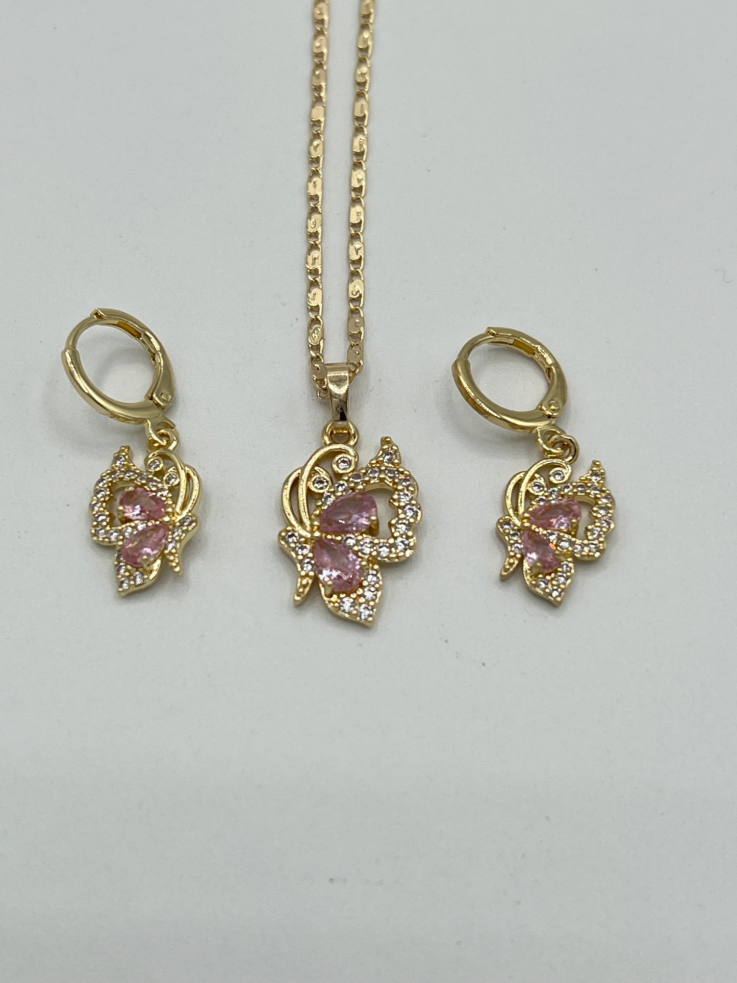 14k Gold Plated Dangling Butterfly Hoops Earrings And Necklace Sets