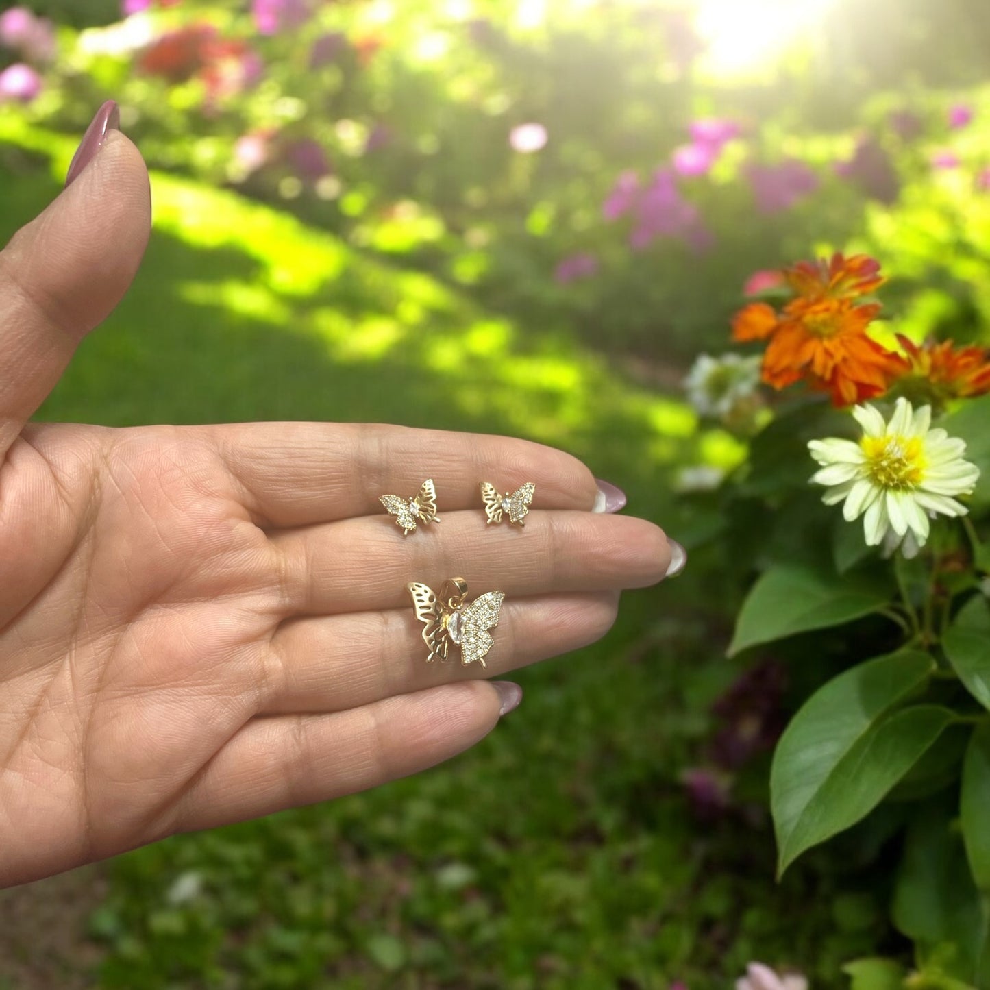 Gold Delicate White Butterfly Studs And Earrings Sets