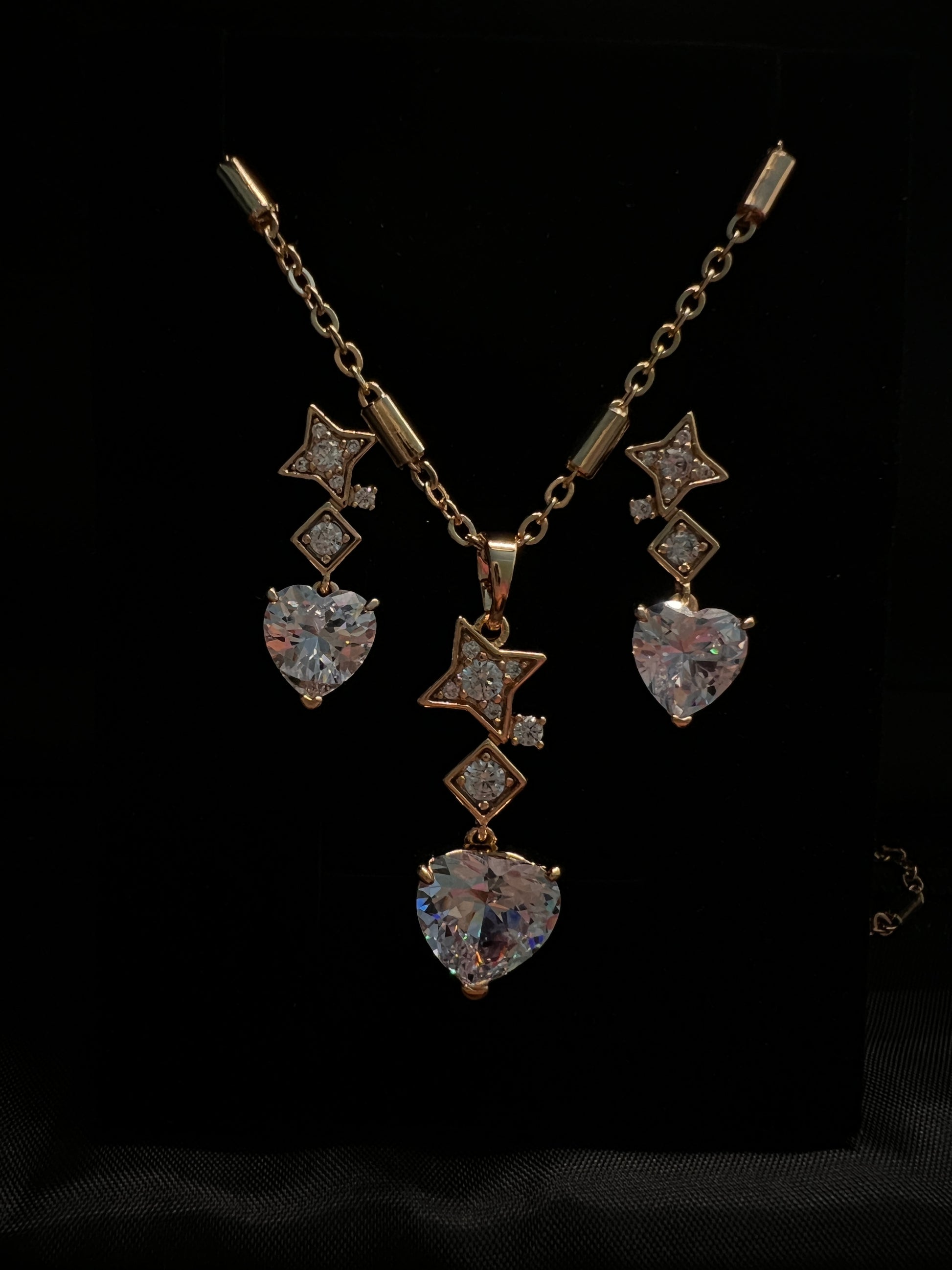 cubic zircon heart and a star dainty drop earrings and same necklace set