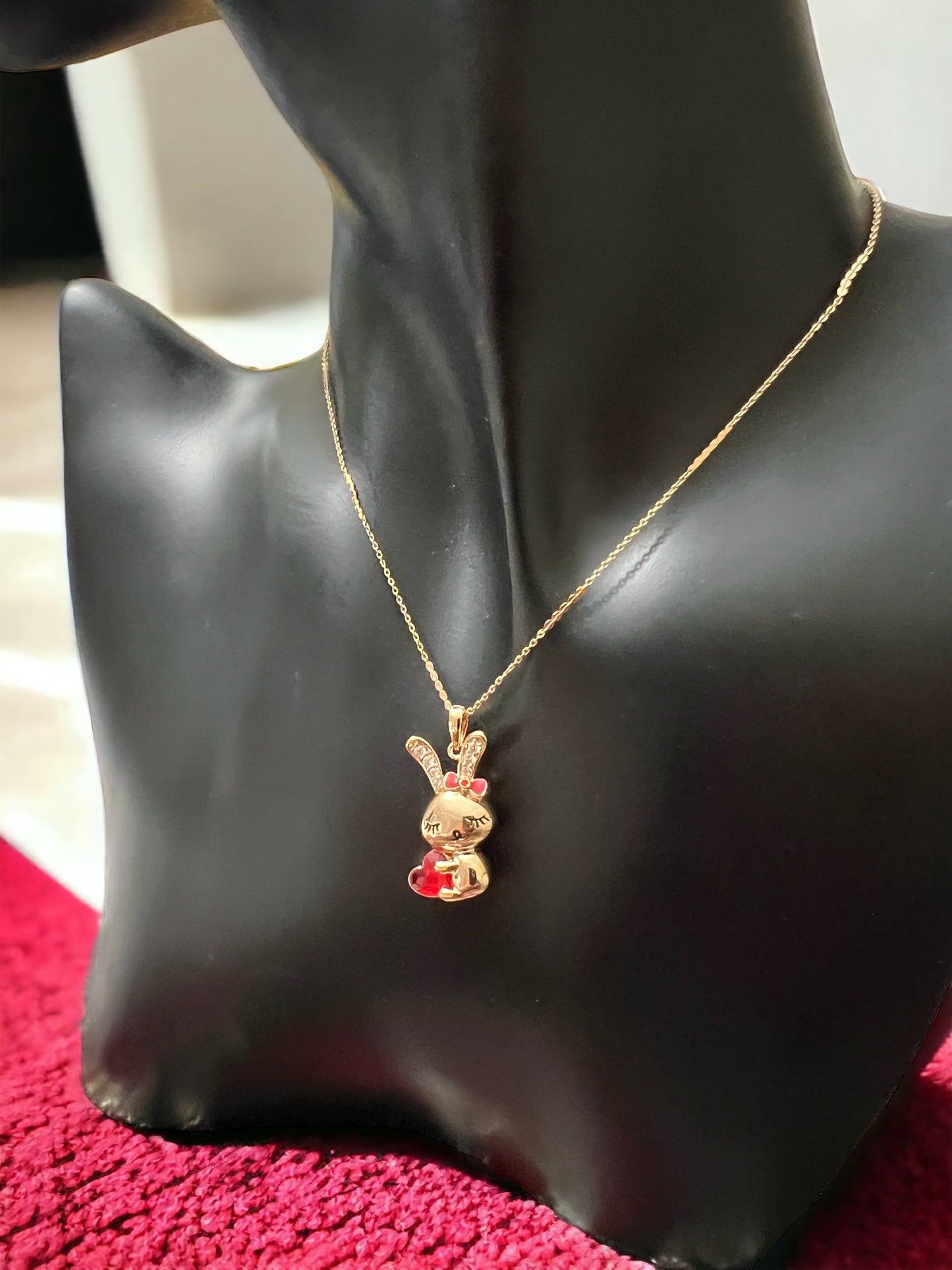 Playful Chic: Gold Bunny Necklace with Red Heart Crystal - Gold Plated and Hypoallergenic for Whimsical Elegance