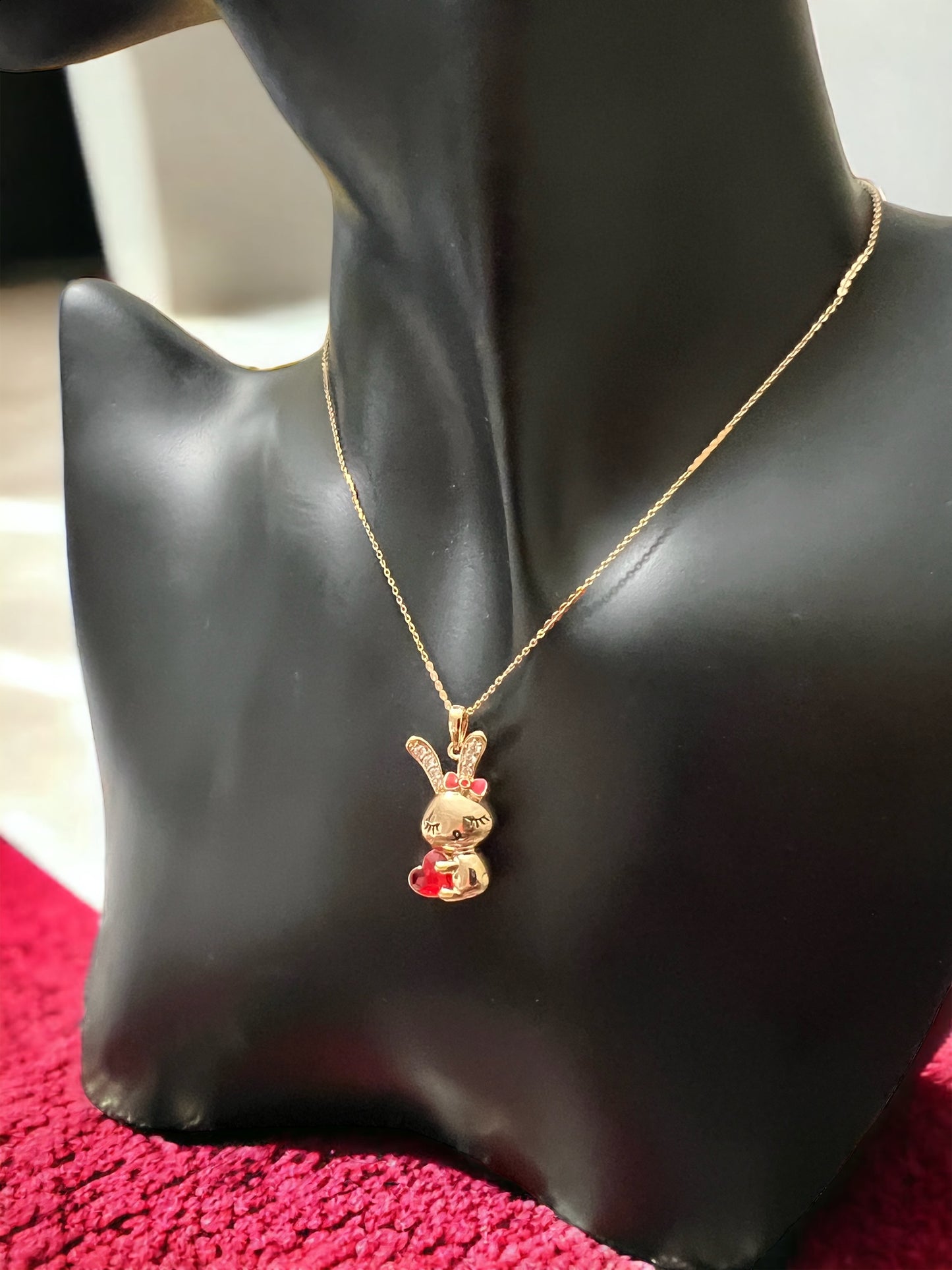 Playful Chic: Gold Bunny Necklace with Red Heart Crystal - Gold Plated and Hypoallergenic for Whimsical Elegance #000014