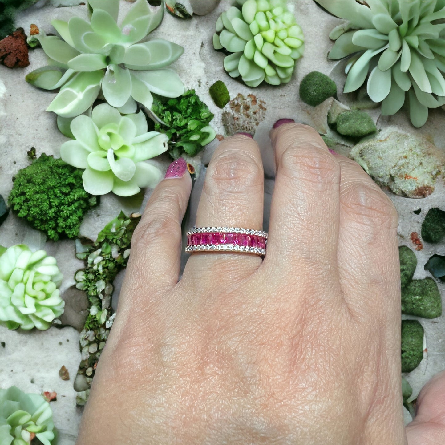 Ruby Pink And White  Band Gold Plated Ring