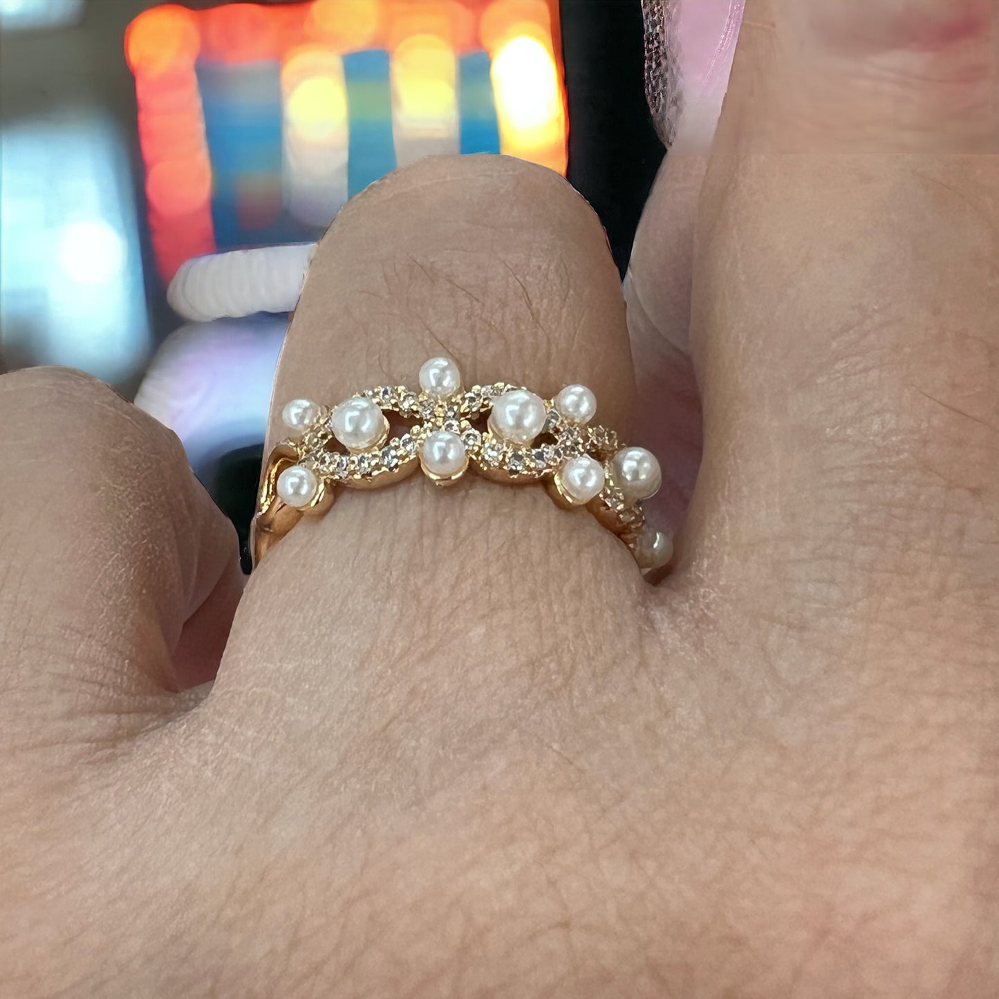 Zigzag pearls And Zircons Open Gold Ring