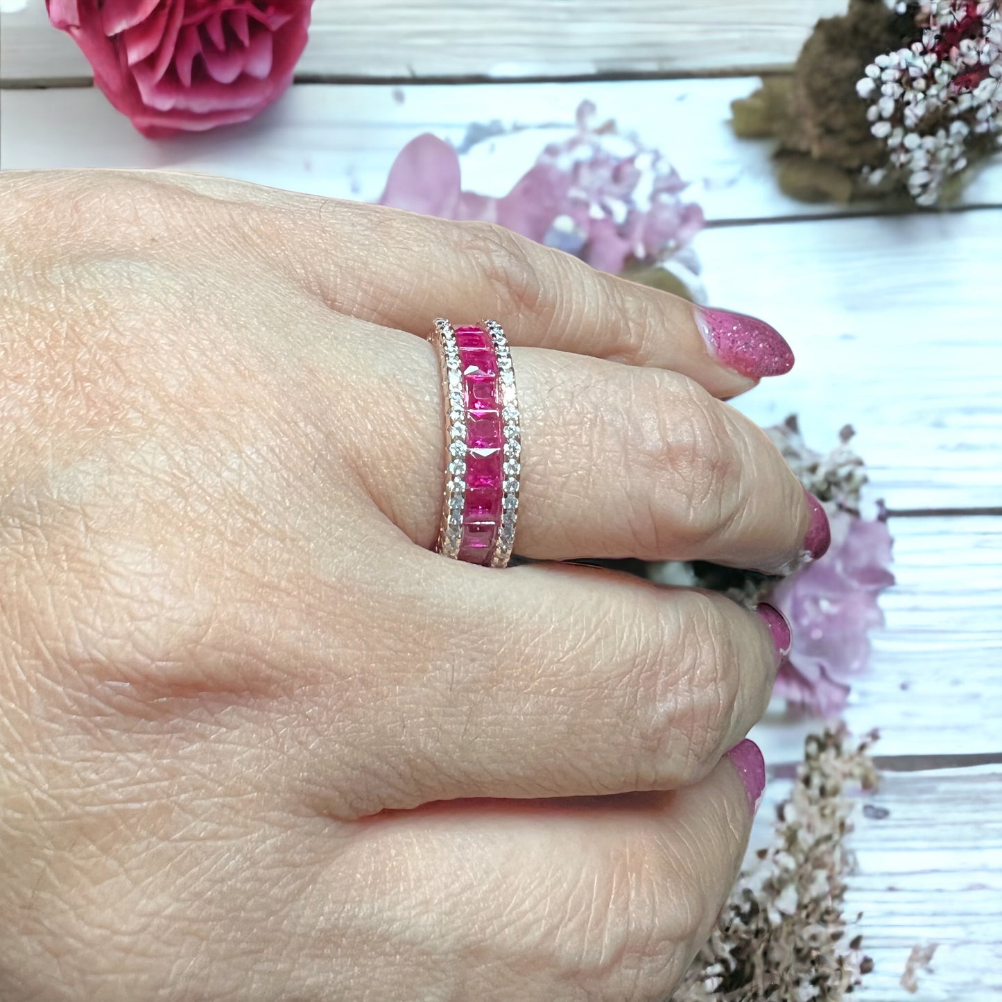 Ruby Pink And White  Band Gold Plated Ring