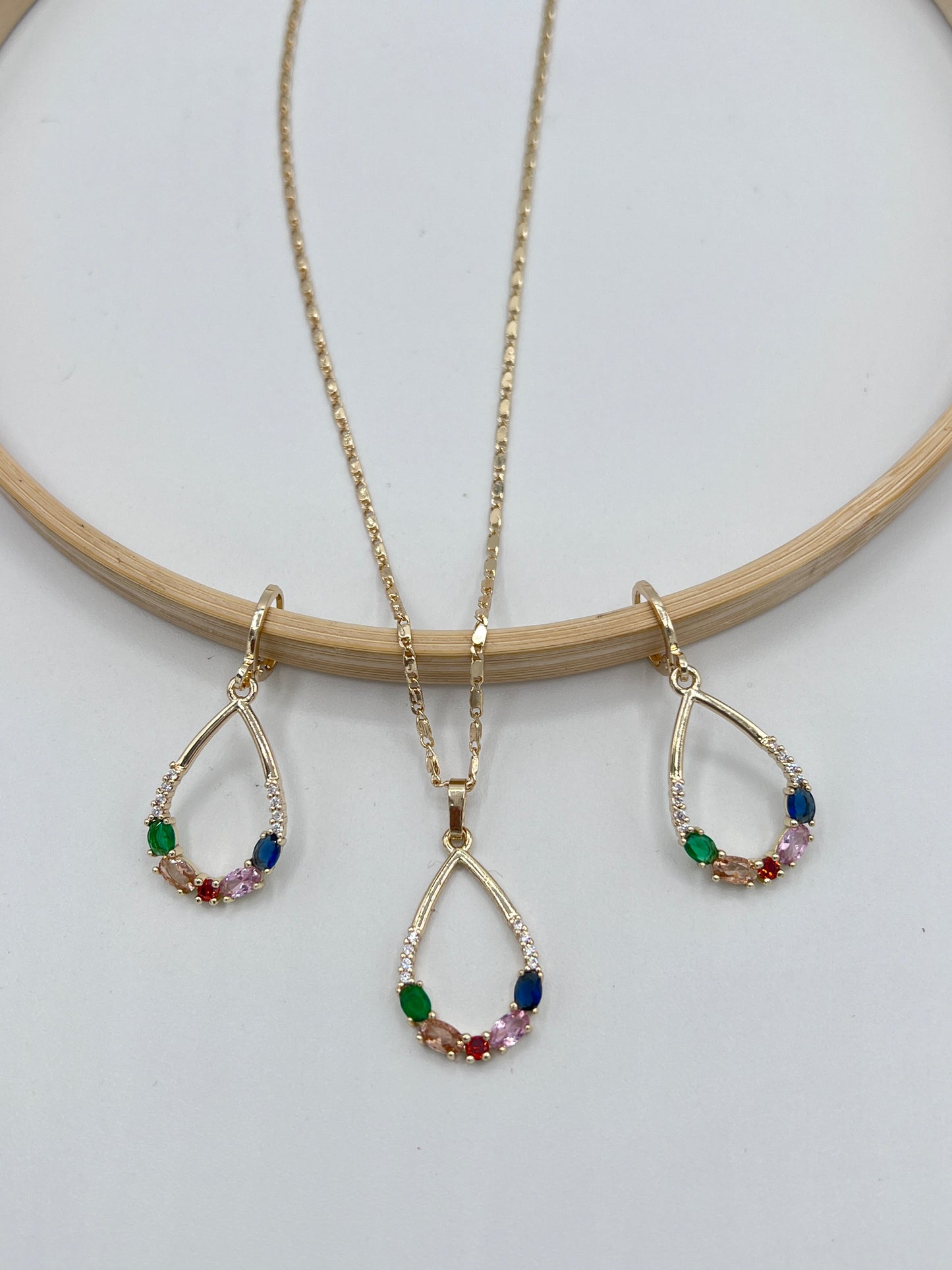 Gold Multicoloured Drop Earrings And Necklace Set