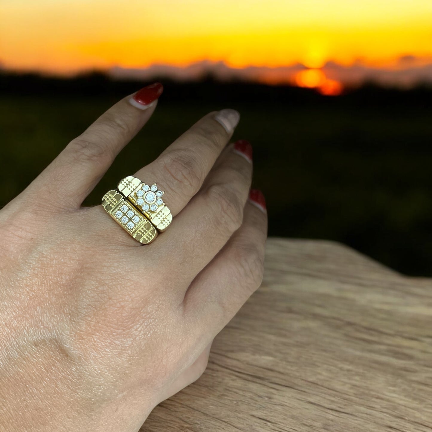 14k Chunky Band And Ring Set With White Stones