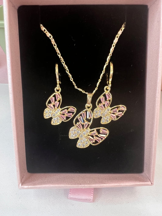 Pink And White Cubic Zircons In Gold Butterfly Earrings And Necklace Sets