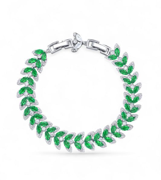 Silver, Green And White Leaf Bracelet