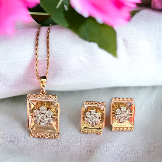 Rectangular Gold Plated Earrings With Zirconia Flowers