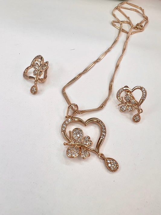 Gold And White Butterfly Heart Design Earrings And Necklace Sets