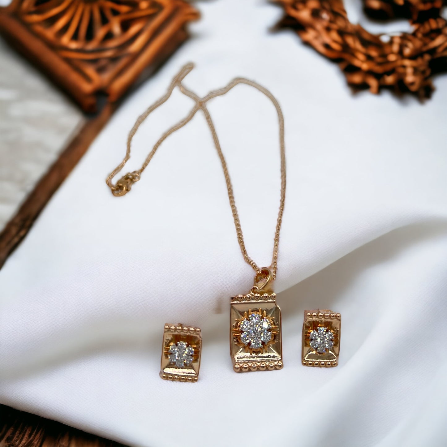 Rectangular Gold Plated Earrings With Zirconia Flowers