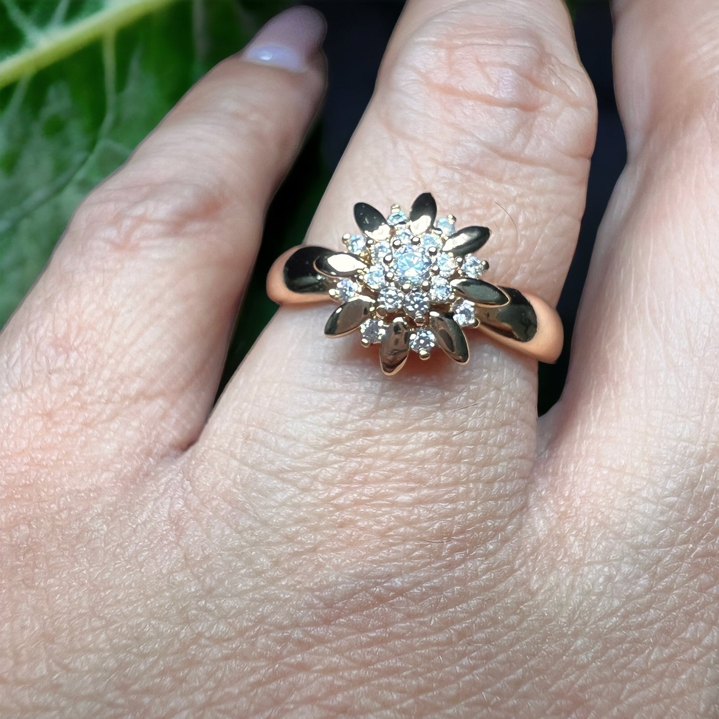 Zircons Flower And Gold Leaves Gold Rings