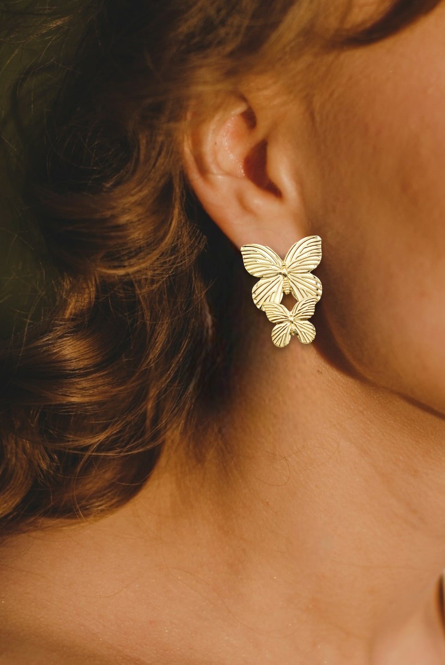 Double Butterflies Gold Drop Earrings #00112