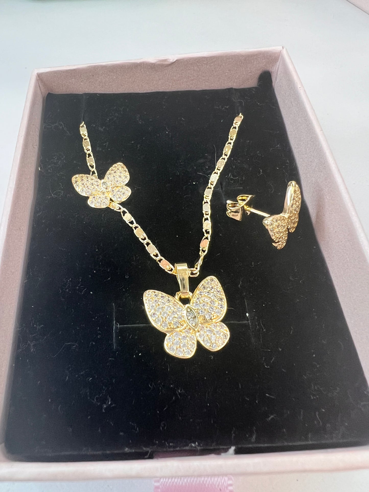 Gold Butterfly with white Stones Earrings And Necklace Set