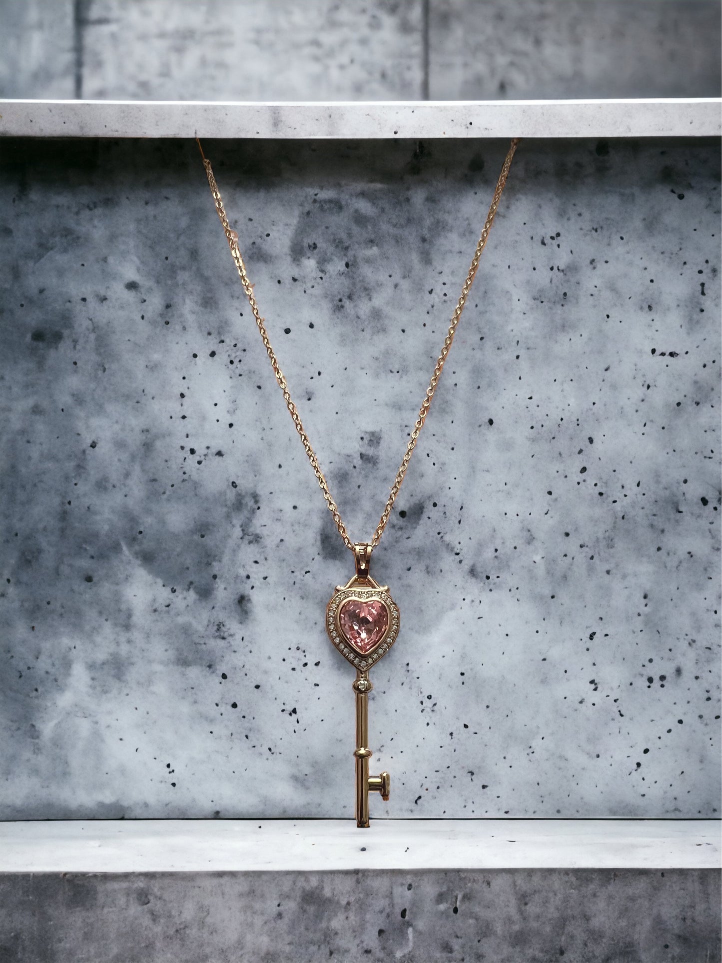Key with Pink Heart Crystal Necklace Gold Plated