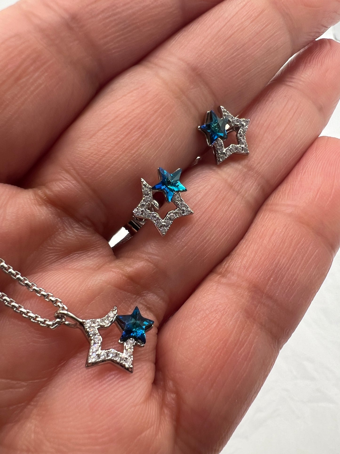 Silver And Blue Stars Studs And Earrings Sets