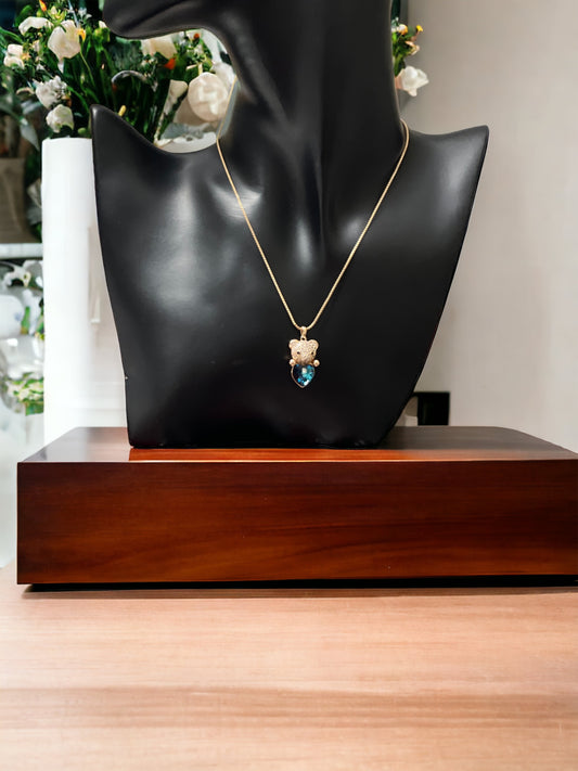 18K Gold-Plated Necklace, Gold Bear, Blue Crystal Heart, Cubic Zircon, Environmental Friendly Copper, Hypoallergenic, Nickel-Free, Luxury Jewelry, Whimsical Elegance.