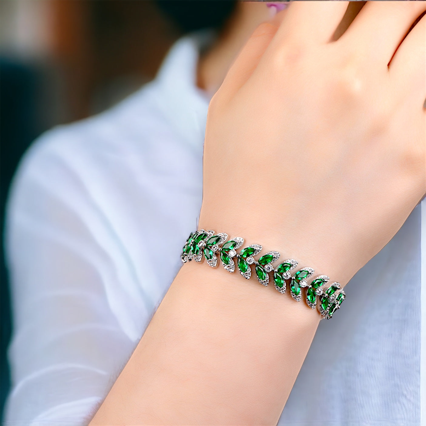 Silver, Green And White Leaf Bracelet