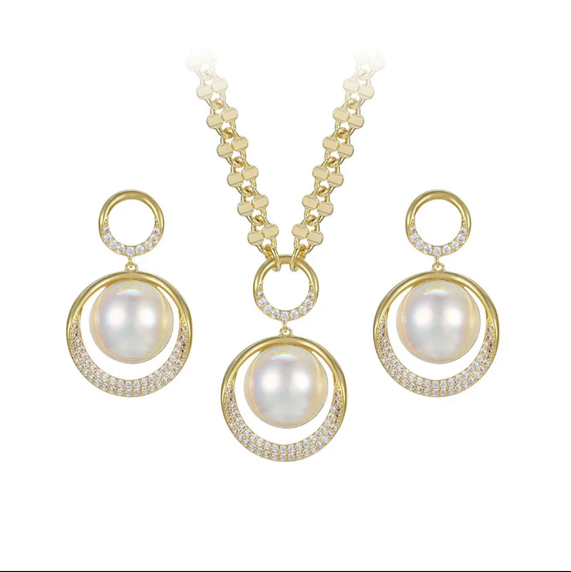 Pearl And Circle Earrings And Necklace Set 14k Gold Plated
