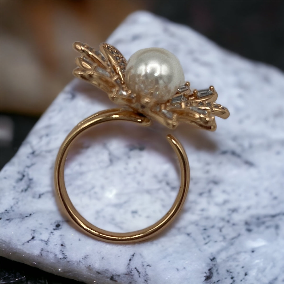 Pearl In The Flower Statement Gold Plated Ring