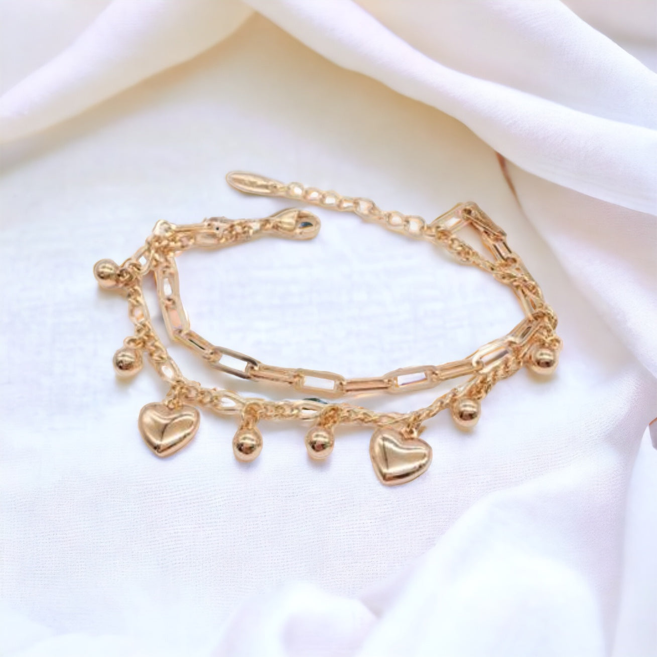 Gold Plated Heart And Balls Double Chain Bracelets