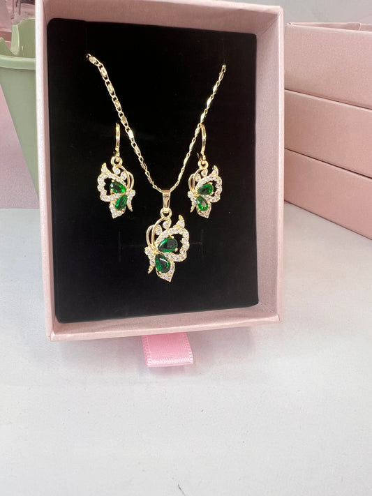 Green And white, Pink And White Gold Butterfly Earrings And Necklace Sets