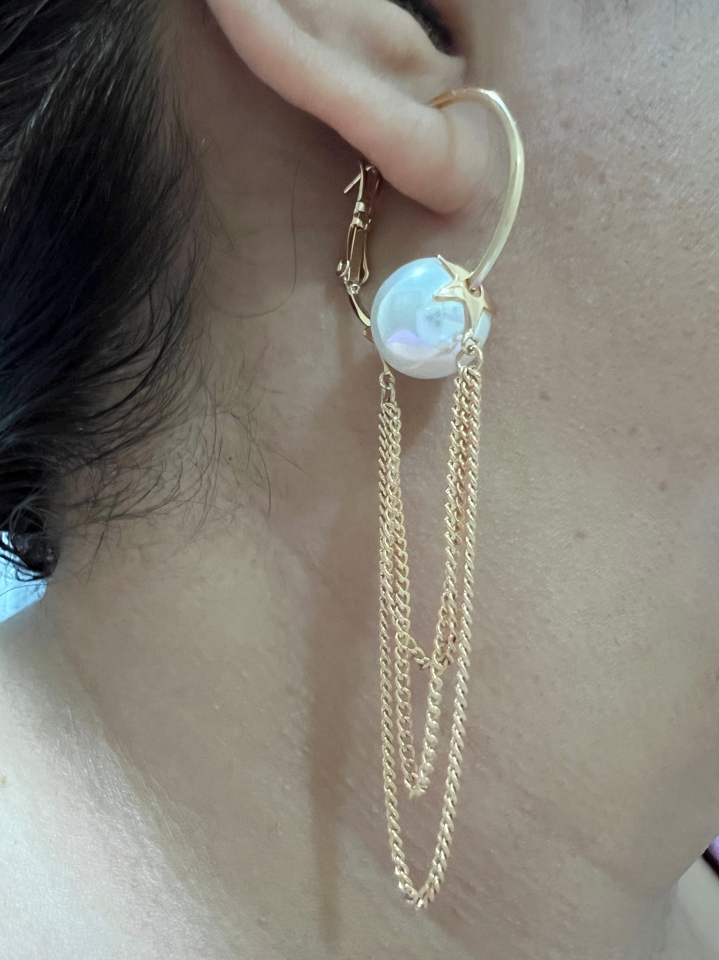 Gold Pearl Hoops With Dangling chains Earrings