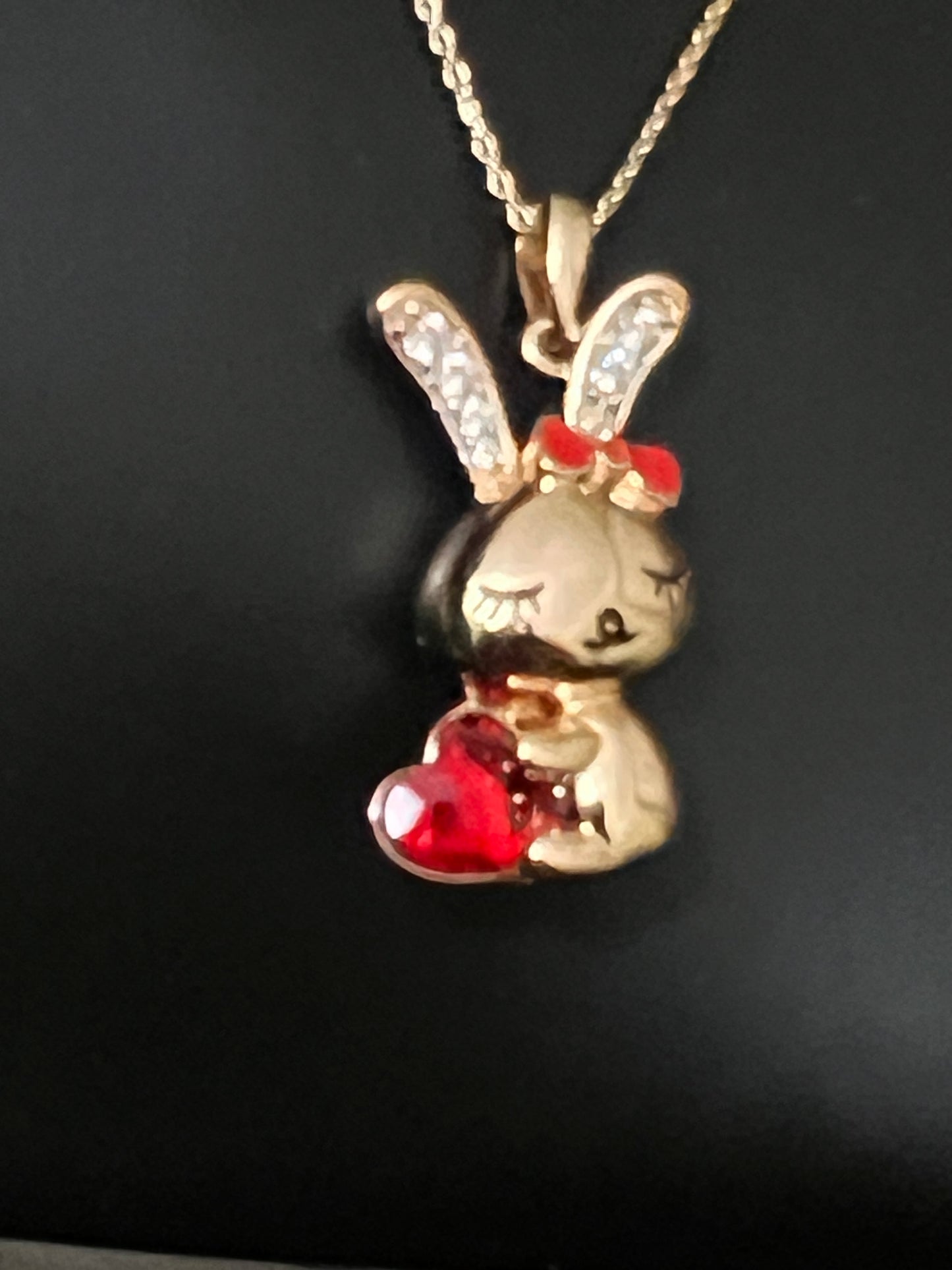 Gold Bunny Necklace With Red Heart Crystal