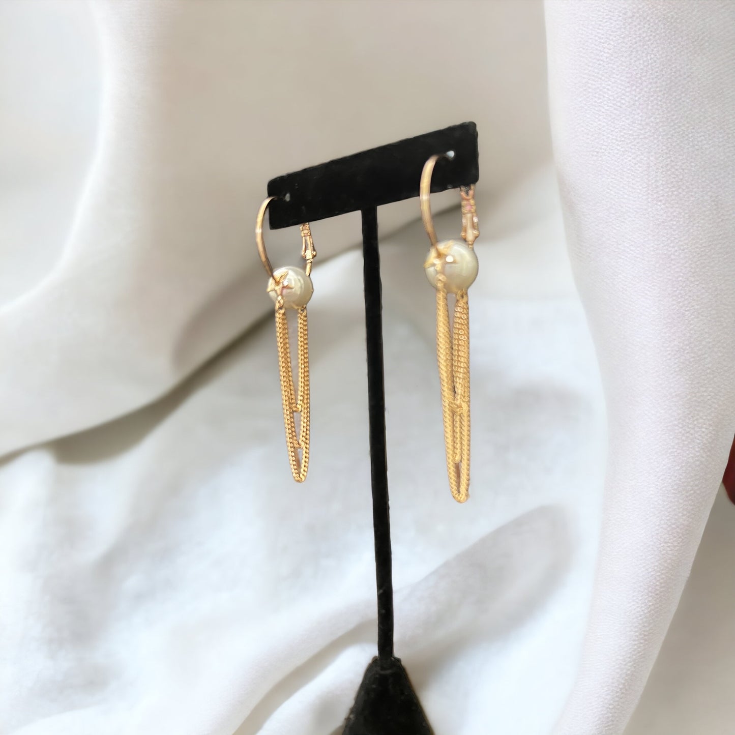 Gold Pearl Hoops With Dangling chains Earrings