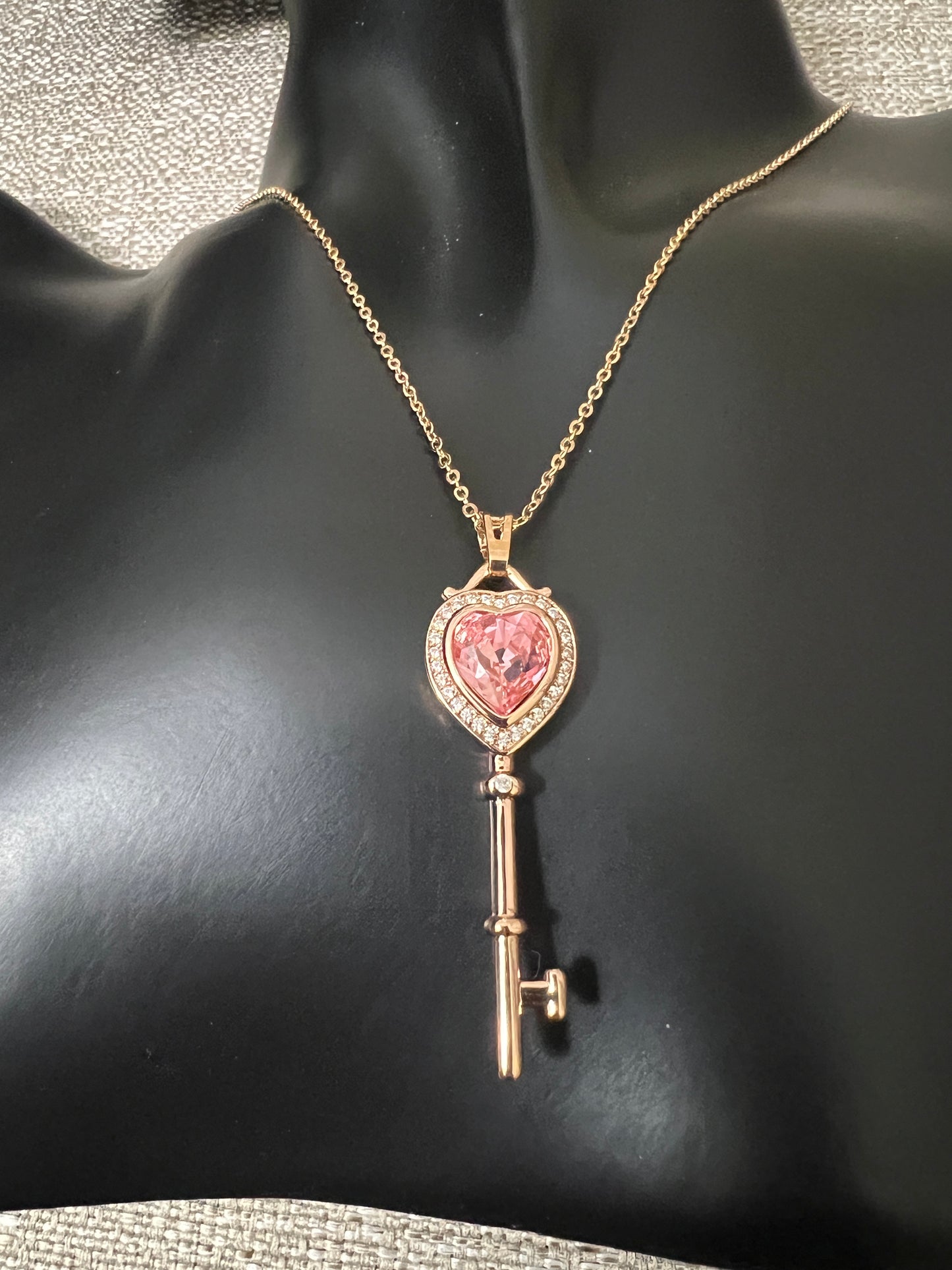 Key with Pink Heart Crystal Necklace Gold Plated #000015