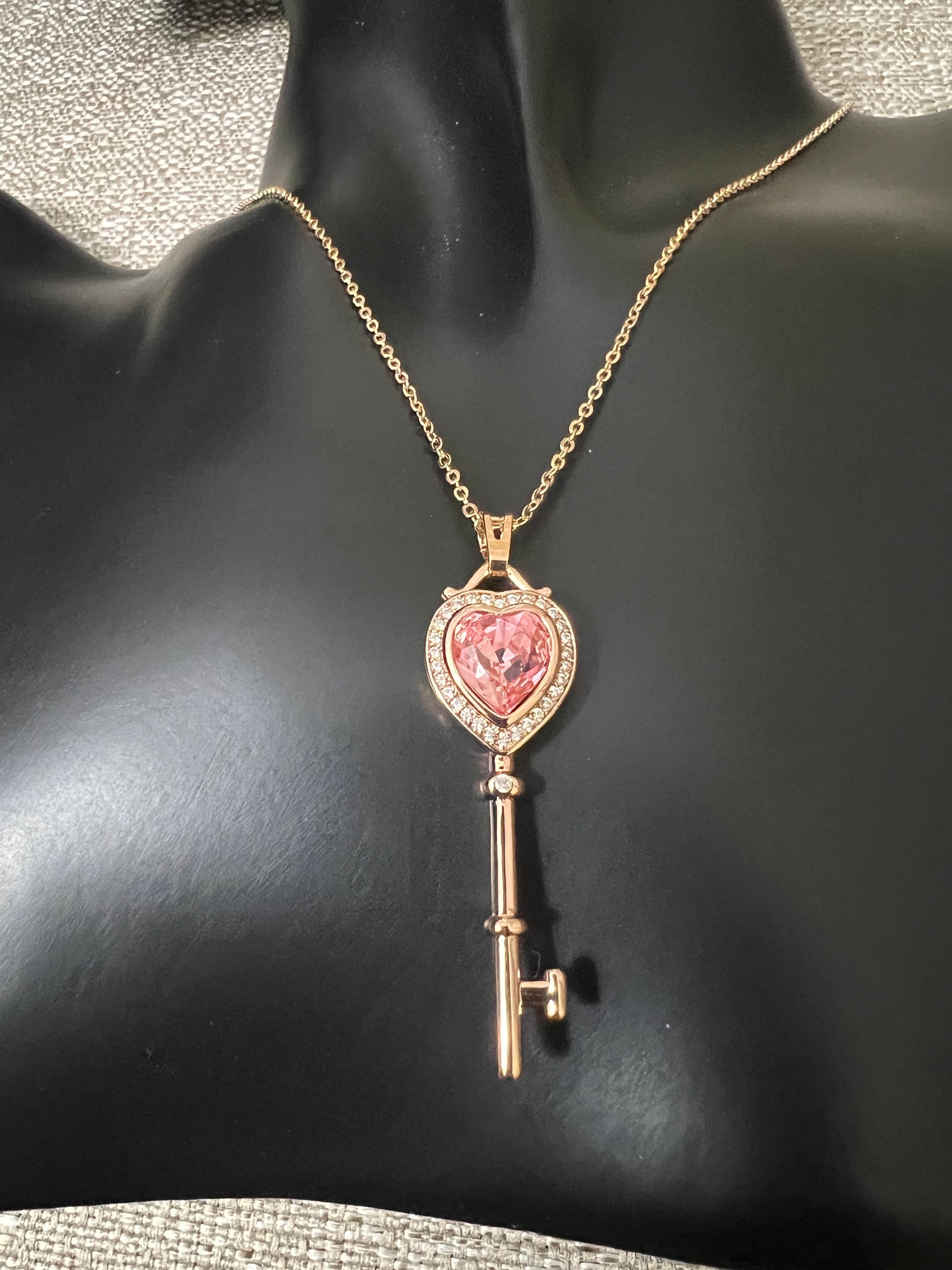 Key with Pink Heart Crystal Necklace Gold Plated